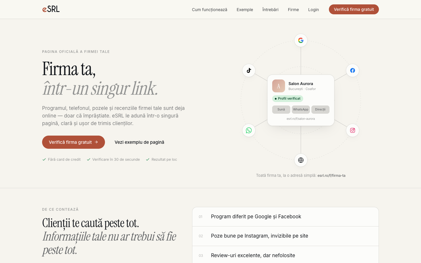 The eSRL homepage — how business information from Google, Facebook, Instagram, TikTok, and WhatsApp is gathered into a single profile.