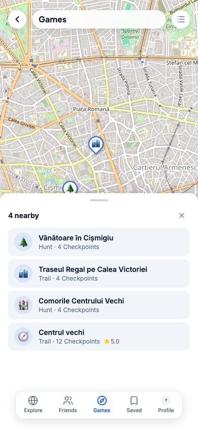 The Games section, in its mobile version, with the list of nearby games.
