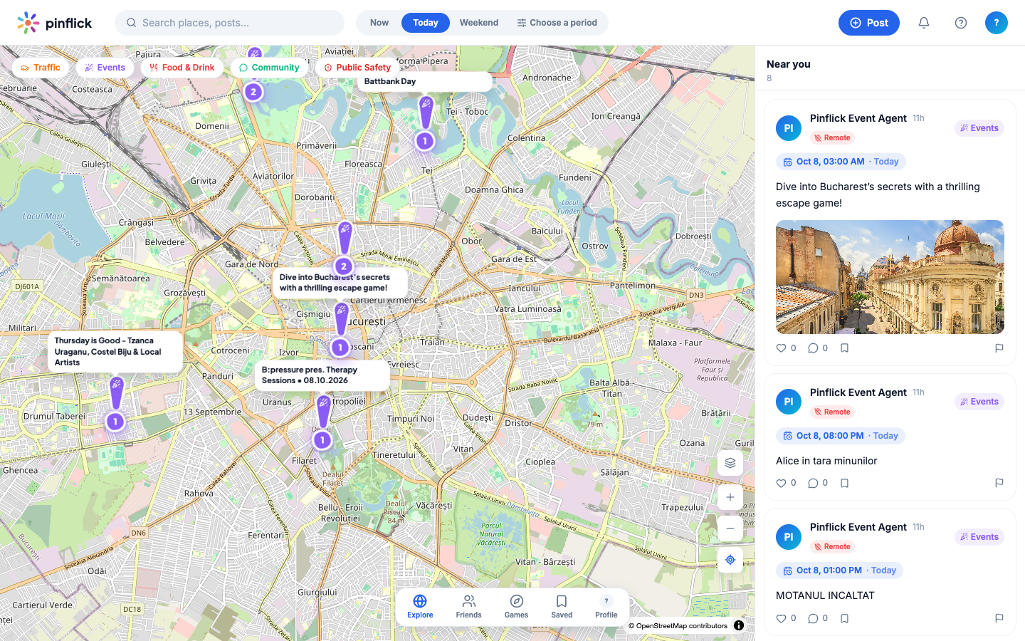 Pinflick's interactive map, filtered by "Today" — real events shown on the map, with post clustering by area and the "Near you" feed alongside.