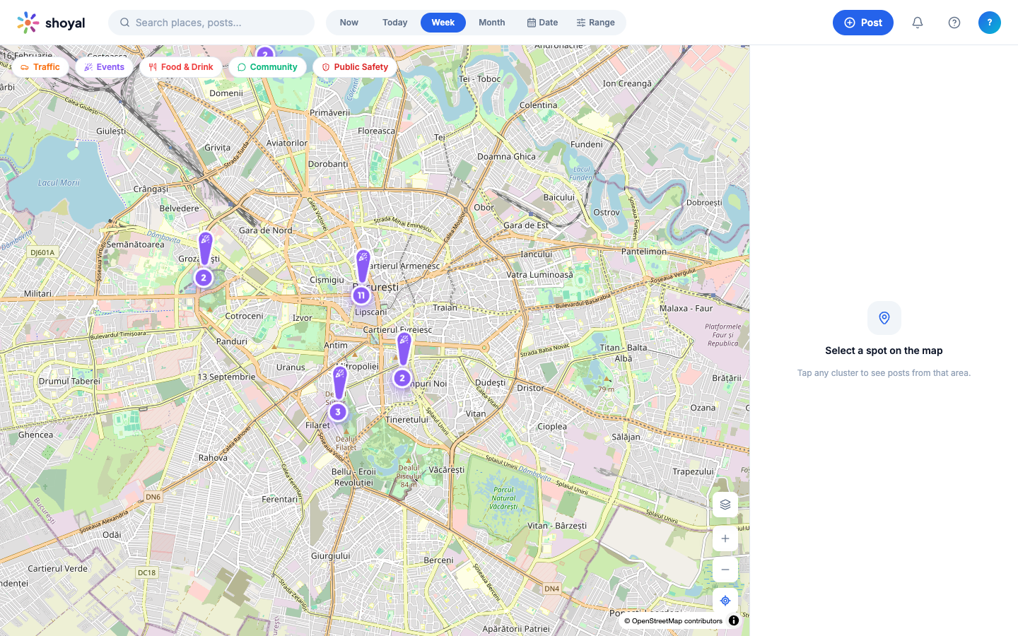 Filtering by time range ("Week") — the map clusters update based on the selected period.