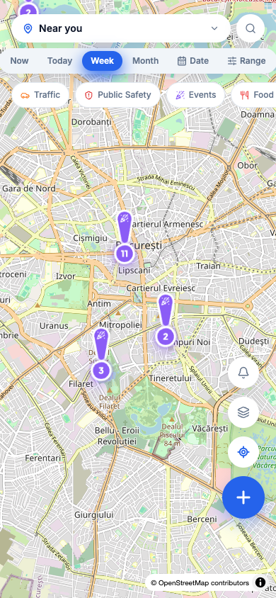 Pinyap's map, in its mobile version, with the same category and time-range filters.